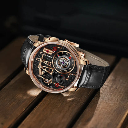 Orologio da uomo PINDU NEW TOP al quarzo con pulsante pompa olio, stile business, 45.5MM, vetro zaffiro, impermeabile, cinturino in pelle