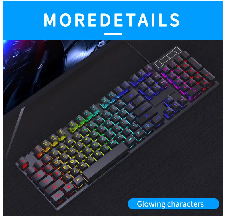 Conjunto de teclado com fios de 104 teclas com retroiluminação RGB e efeito de respiração, teclado gaming ergonómico e rato para computador, portátil, gamer e escritório