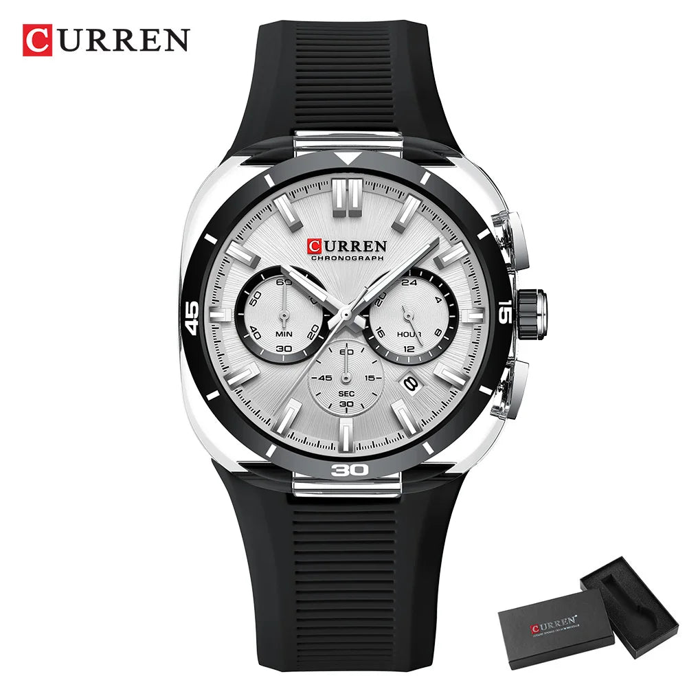 CURREN herenhorloge – Nieuw luxe quartzmodel, siliconen band, sportieve stijl, multifunctioneel, waterdicht, verlicht, met datumweergave en chronograaf.