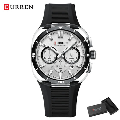 CURREN herenhorloge – Nieuw luxe quartzmodel, siliconen band, sportieve stijl, multifunctioneel, waterdicht, verlicht, met datumweergave en chronograaf.