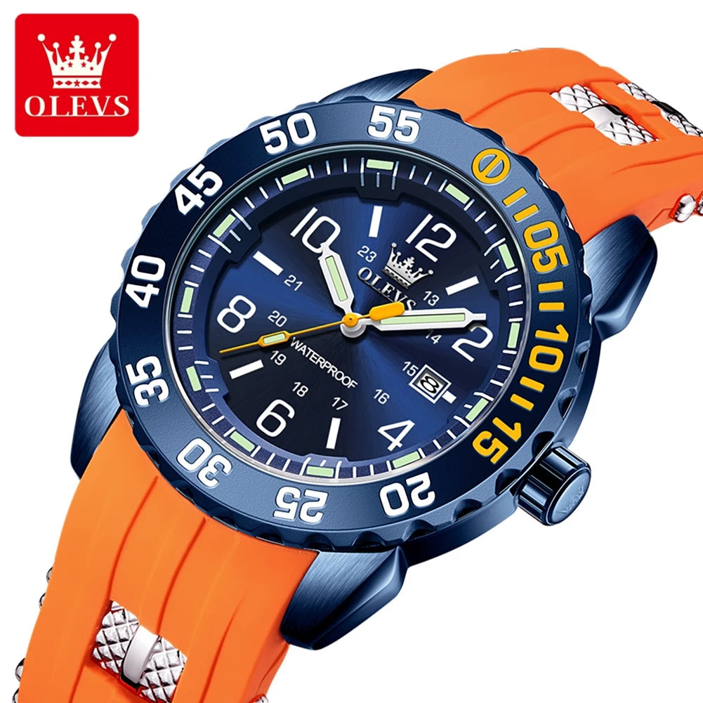 OLEVS Luxury Men's Fashion Quartz Watch Waterproof Luminous Orange Silicone Strap Sports Men Military Wristwatches Watch for Men