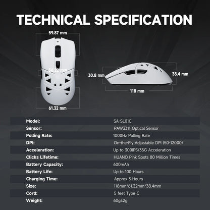 RAWM SL01C Wireless Lightweight Gaming Mouse Tri-Mode Bluetooth PAW3311 RGB Gaming Mouse for PC, Laptop & Office