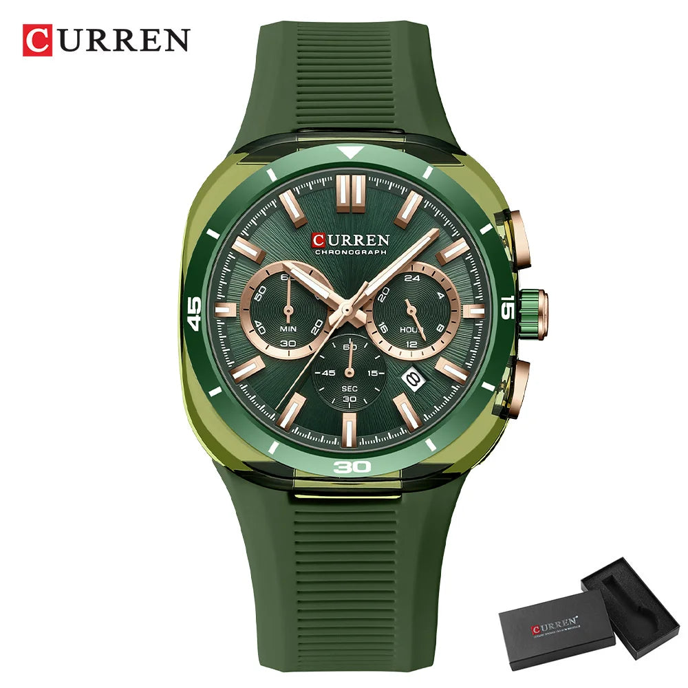 CURREN herenhorloge – Nieuw luxe quartzmodel, siliconen band, sportieve stijl, multifunctioneel, waterdicht, verlicht, met datumweergave en chronograaf.