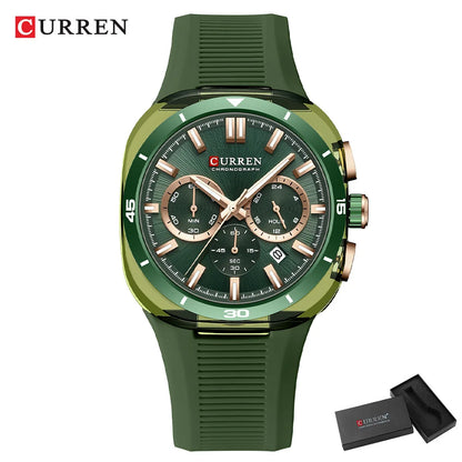CURREN herenhorloge – Nieuw luxe quartzmodel, siliconen band, sportieve stijl, multifunctioneel, waterdicht, verlicht, met datumweergave en chronograaf.