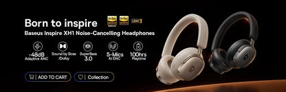 Baseus Bowie MH1 Bluetooth 6.0 Wireless Headphones with 48dB ANC, Hi-Res LDAC Audio, Baseus Bowie MH1 Noise Cancelling Over Ear Headset with 80H Battery