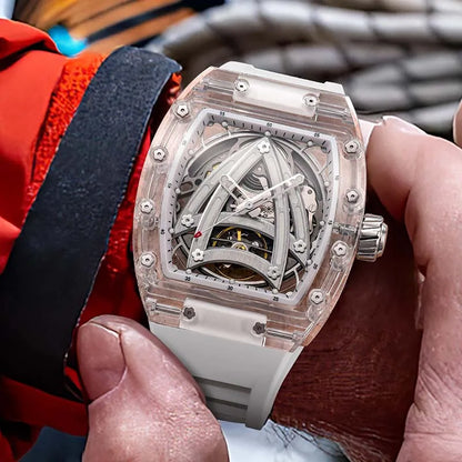 PINDU Designer Hollow Tonneau Mechanical Watch Men Luxury Brand Skeleton Automatic Watches Mens Sport Silicone Wristwatch JH3105