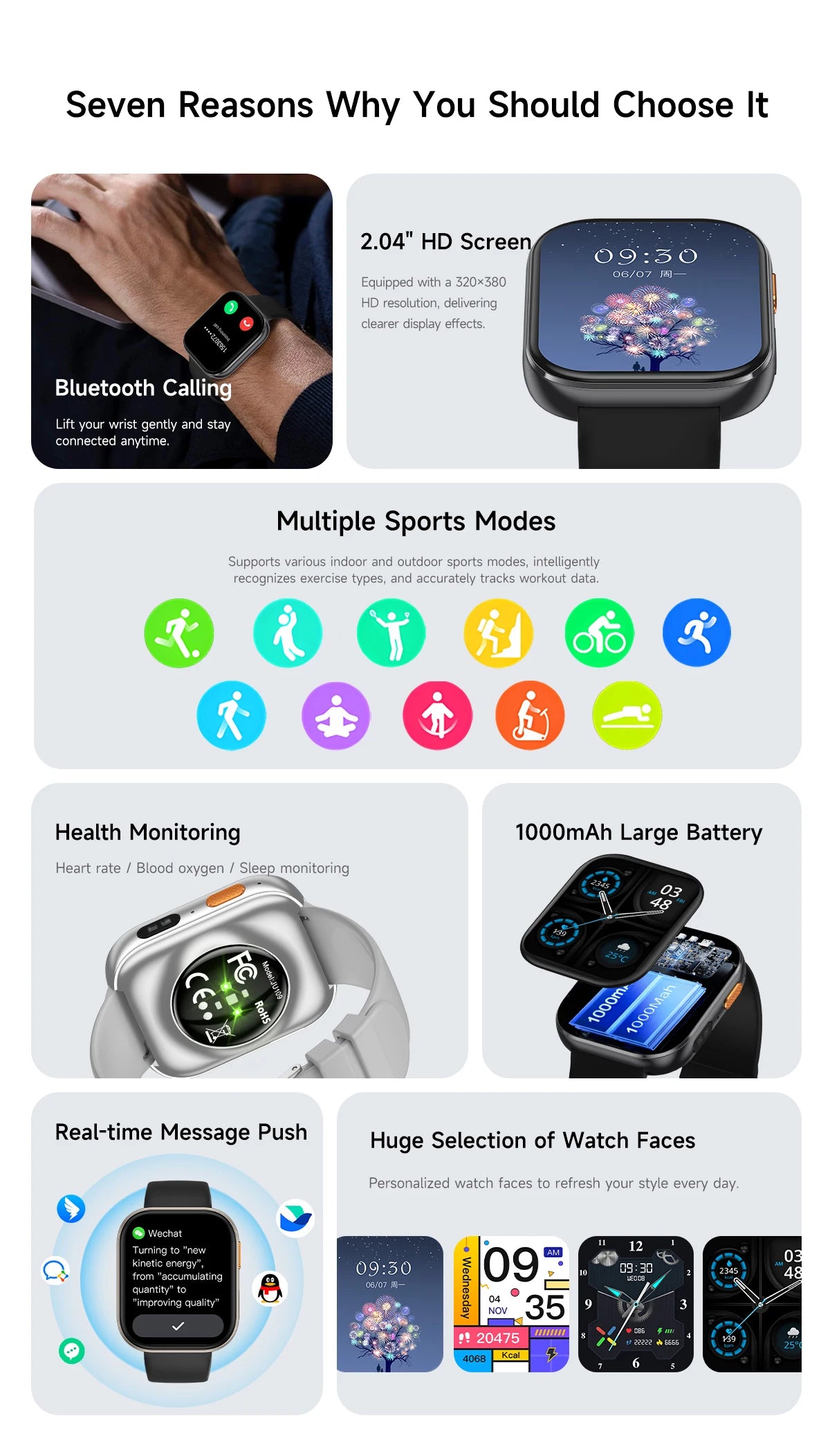 New 1000mAh Battery Smart Watch Women Heart Rate Sleep Monitoring Bluetooth Call IP68 Waterproof Smartwatch Men For Android IOS