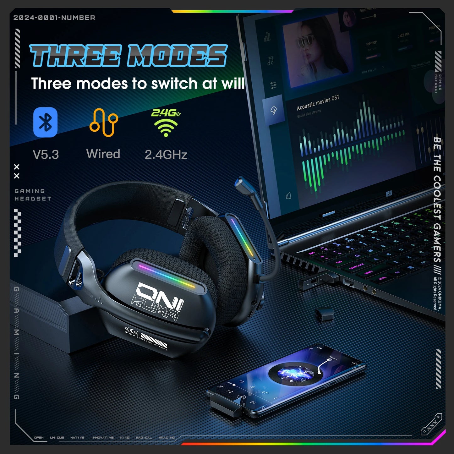 Onikuma GT808 Wireless Gaming Headset RGB – Bluetooth 5.3, 2.4GHz & 3.5mm Gaming Headphones with Microphone