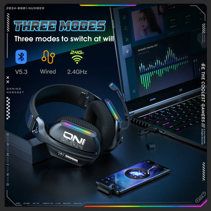 Onikuma GT808 Wireless Gaming Headset RGB – Bluetooth 5.3, 2.4GHz & 3.5mm Gaming Headphones with Microphone