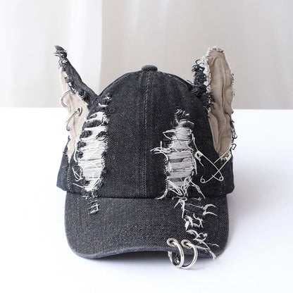 y2k Hot Girl Graffiti Jeans Rabbit Ears Cowboy Baseball Hat Wash Graffiti Hip Hop Cap Women Men Party Team Baseball Cap