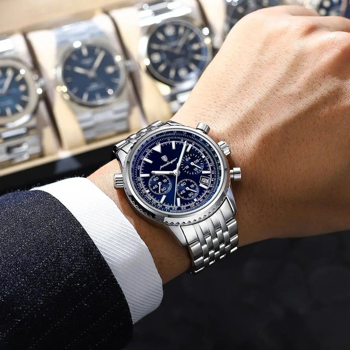 POEDAGAR herenhorloge in militaire stijl, waterdicht, met verlichting, datum en chronograaf, luxe roestvrijstalen herenhorloge met quartz-uurwerk