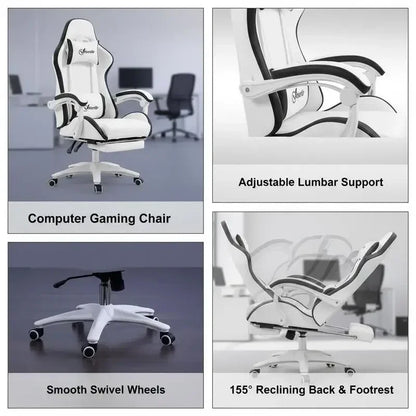Leather Gaming Chair 135° Reclining with Retractable360° Swivel Height Ergonomic White Contrast Edge Office Chair 120KG Capacity