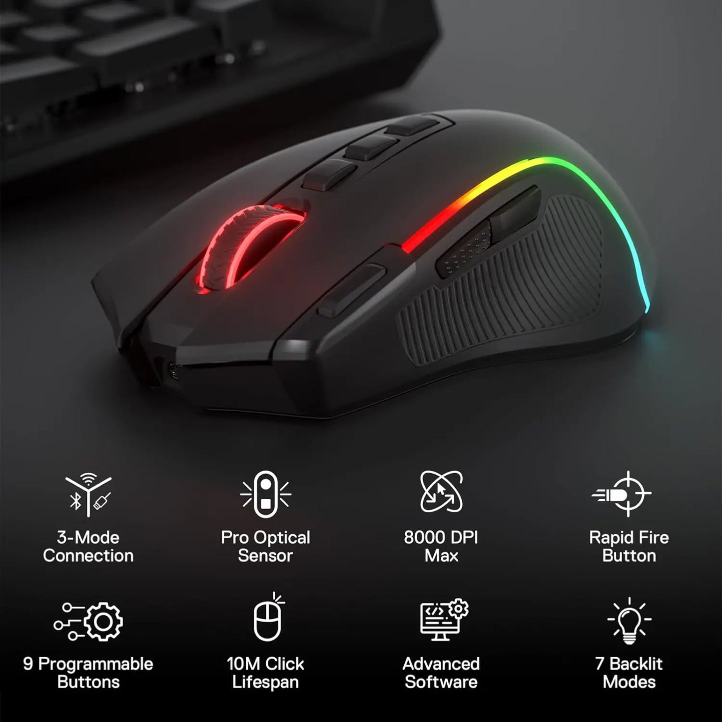 Mouse gaming Redragon M612 PRO BT & 2.4RGB, 8000 DPI, ottico cablato/wireless, 11 pulsanti programmabili e 6 modalità retroilluminate