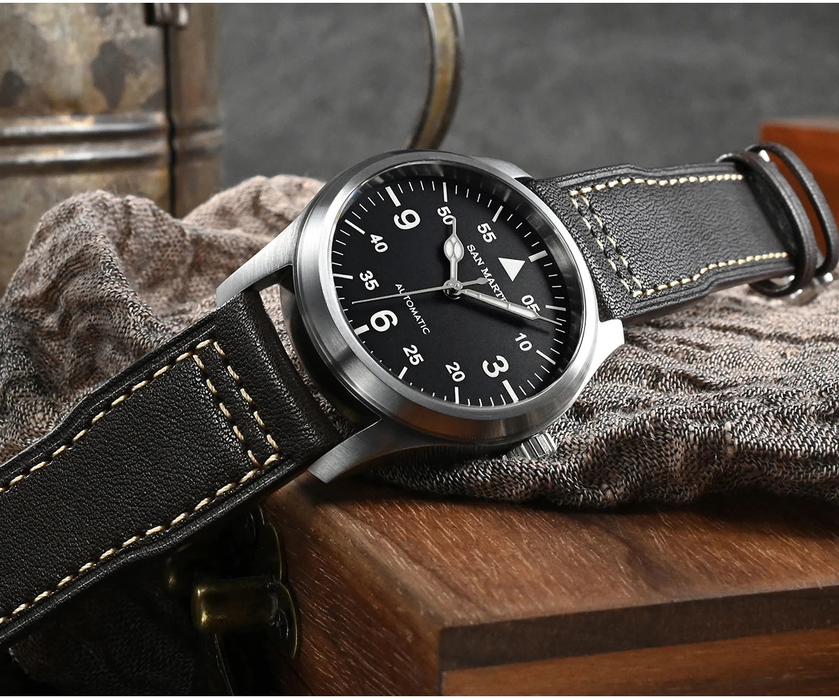 San Martin Men Pilot Watch 37mm Miyota 8215 Fashion Simple Style Military Automatic Mechanical Watches 100m Waterproof BGW-9