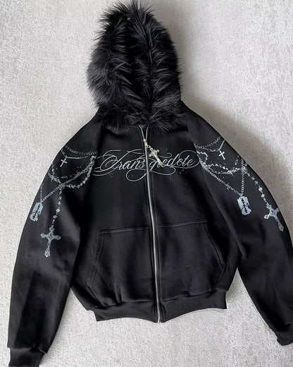 2026 New American Fashion Trend Goth Printed Zipper Hoodie Women Street Hip Hop Punk Rock Sweatshirt Unisex Casual Loose Hoodie