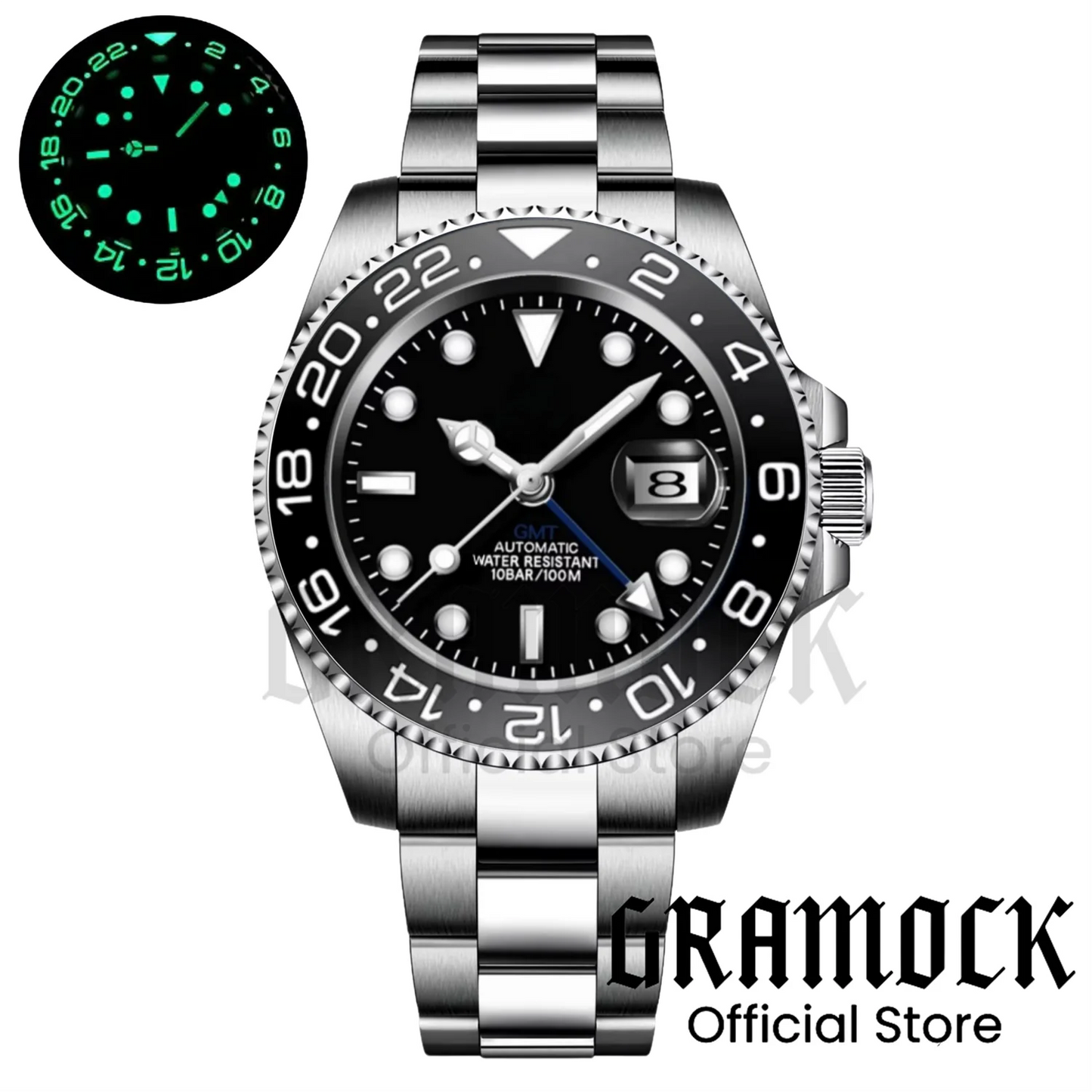Gramock White Dial Blue GMT 40MM Watch For Men Roating Bezel Sapphire Glass Waterproof Reloj Hombre NH34A Mechanical Wristwatch