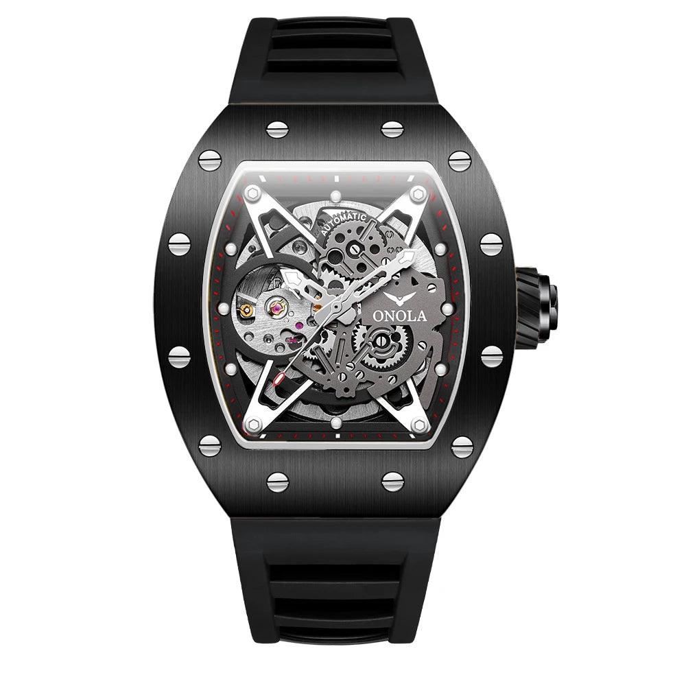 ONOLA Luxury Automatic Watch Men Fashion Hollow Silicone Waterproof Mechanical Watch Men Military Sports Watch Clock