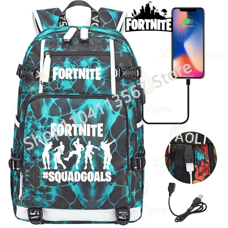 Yule Trooper F-Fortnited Battle Royale Backpack with USB Charging Anime Figures Study Stationery Compartment Students Mochila