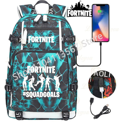 Yule Trooper F-Fortnited Battle Royale Backpack with USB Charging Anime Figures Study Stationery Compartment Students Mochila