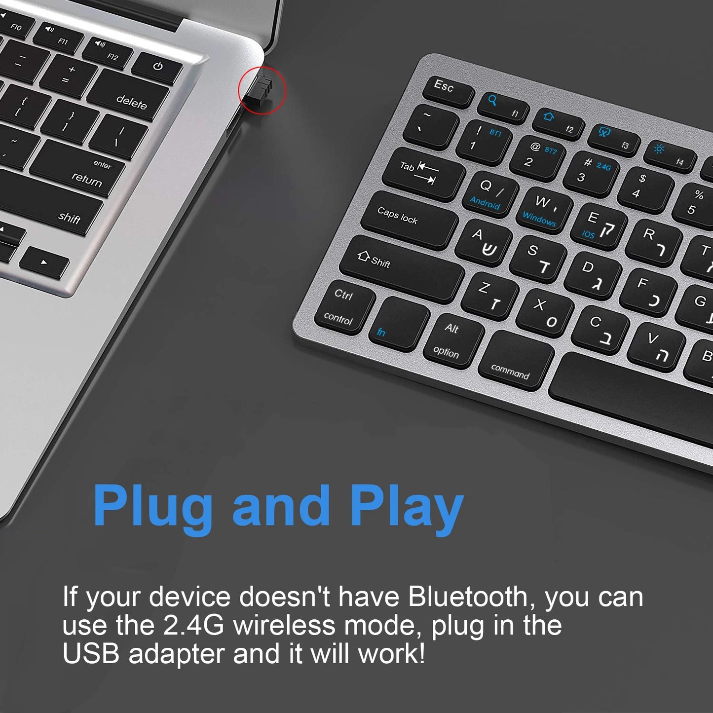 Teclado hebraico ultrafino Bluetooth e 2.4G de modo duplo Israel sem fios, silencioso, para iOS, iPad, tablets Android e Windows
