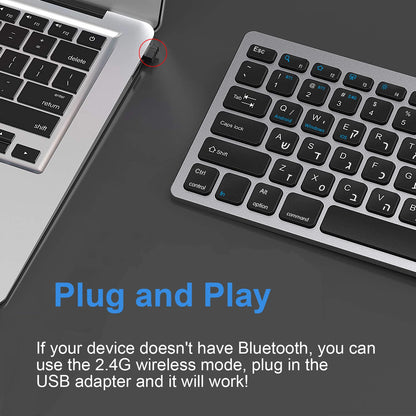 Teclado hebraico ultrafino Bluetooth e 2.4G de modo duplo Israel sem fios, silencioso, para iOS, iPad, tablets Android e Windows