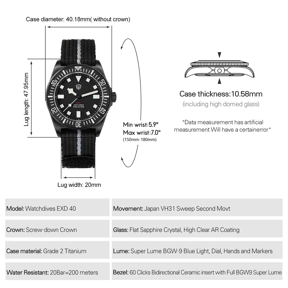 Watchdives EXD V2 40mm Titanium Watch Exchangeable X Design VH31 Sweep Second Movement Quartz Watches Luminous Waterproof 200M