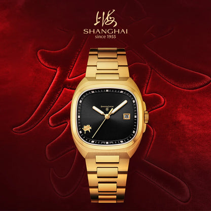 Shanghai Square Vintage Mechanical Watch 24K Gold Automatic Men's Watches 38mm Case 316L Stainless Steel Luxury Wristwatch SH030