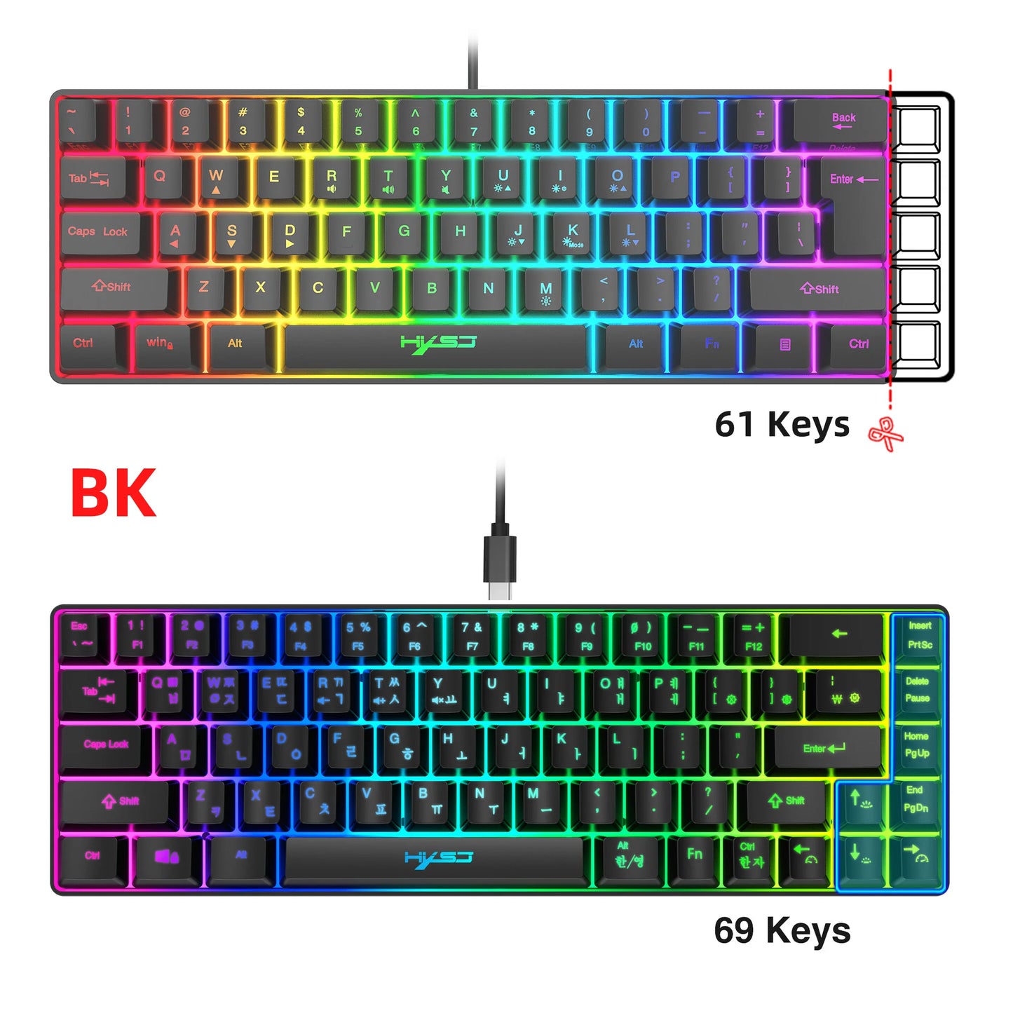 Teclado gaming de 68 teclas USB com fios portátil, retroiluminação RGB 20, teclado coreano para portáteis e computadores Windows