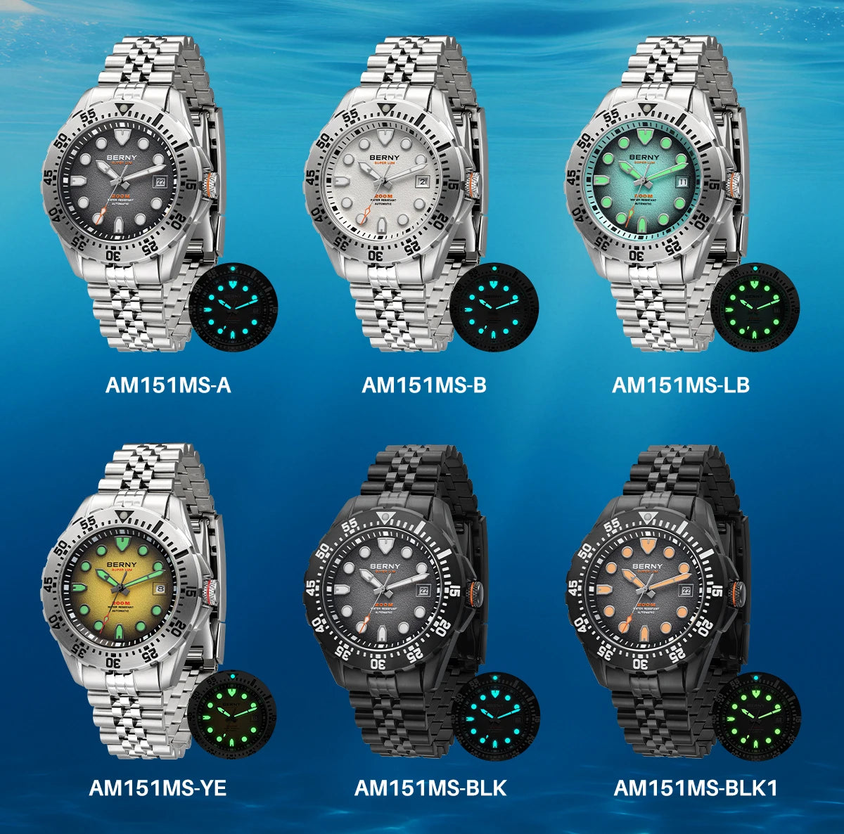 BERNY Men's Automatic Diver Watch Supper Luminous Sapphire AR Coated MIYOTA 8215 316LStainless Steel Single Crown Diving Watches