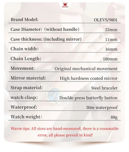 OLEVS 9801 Womens Watch Luxury Fashion Waterproof  Automatic Mechanical Watch Stainless Steel Diamond Date Ladies Watch Set