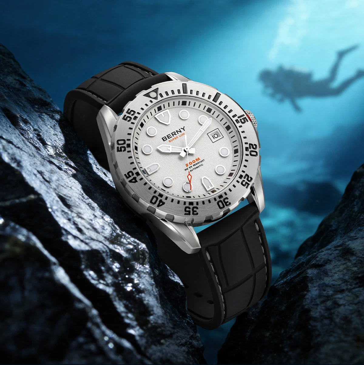 BERNY Men's Automatic Diver Watch Supper Luminous Sapphire AR Coated MIYOTA 8215 316LStainless Steel Single Crown Diving Watches
