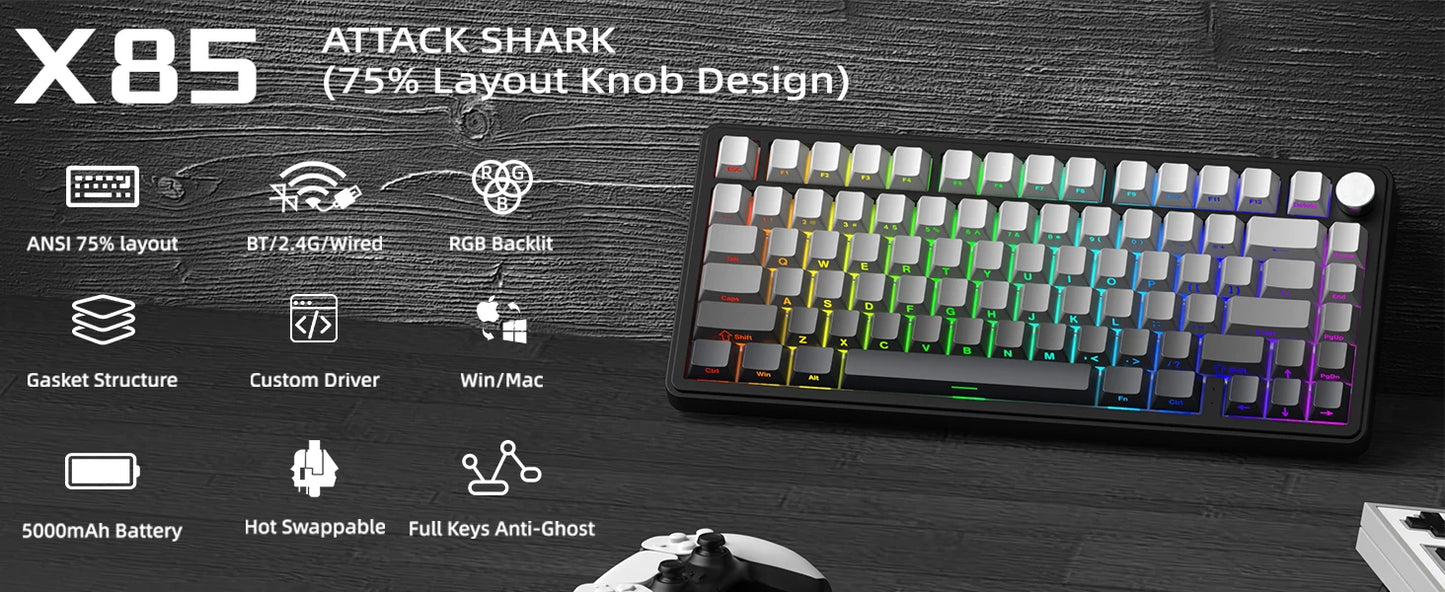 Teclado mecânico ATTACK SHARK X85 Tri-mode Gasket 75% com botão CNC, acolchoamento de 5 camadas, hot-swappable, retroiluminação RGB, NKRO