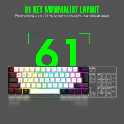 Teclado mecânico com fios de 61 teclas, branco, com switch preto e azul, à prova de água, iluminação RGB, kit para gaming e escritório, PUBG, retroiluminado