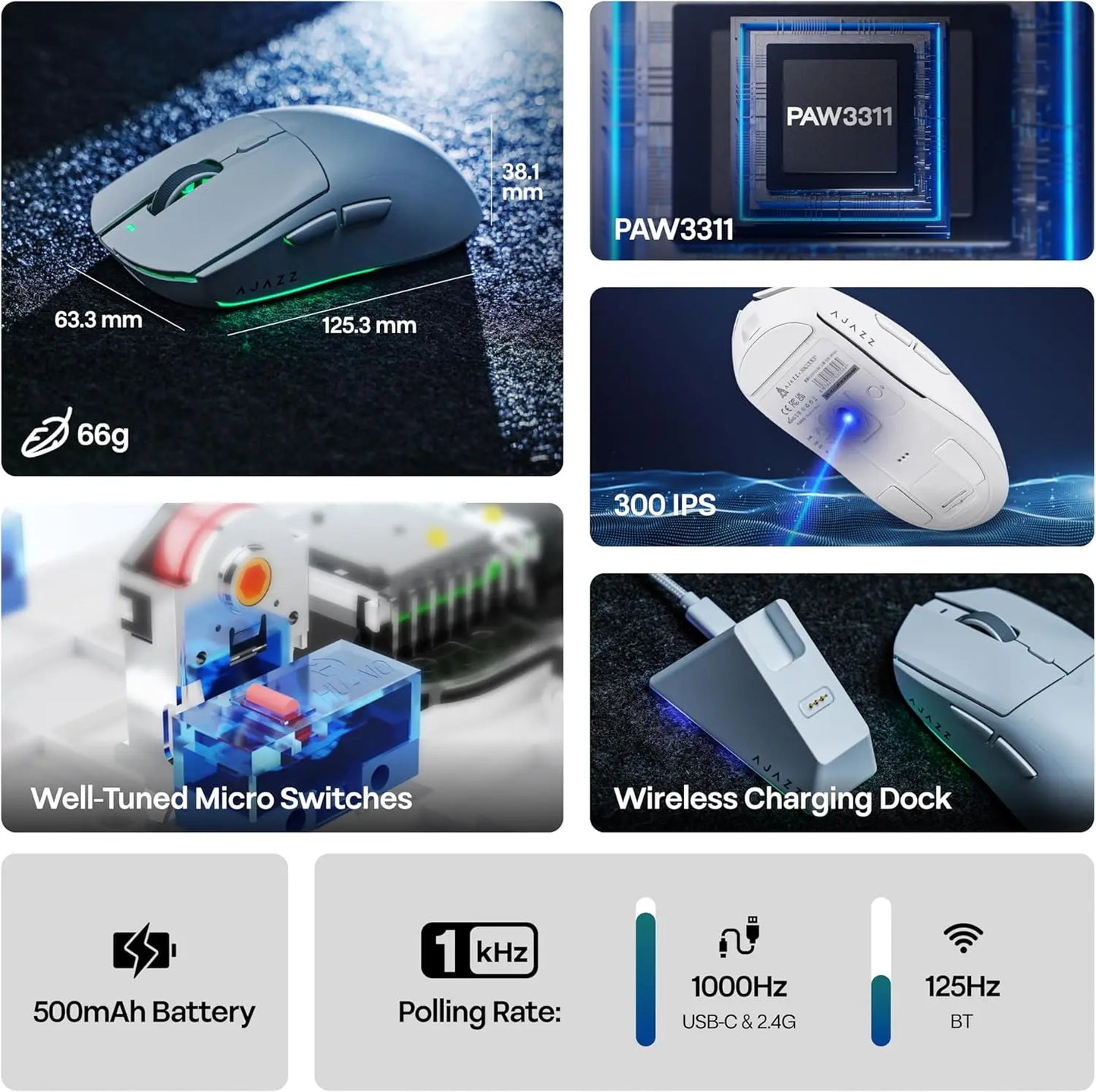 AJAZZ AJ139 V2 MC/AJ139 PRO belaidė žaidimų pelė su PAW3311/PAW3395 jutikliu, 12000DPI/26000DPI, 500mAh „Bluetooth“ pelė žaidėjams, skirta PC