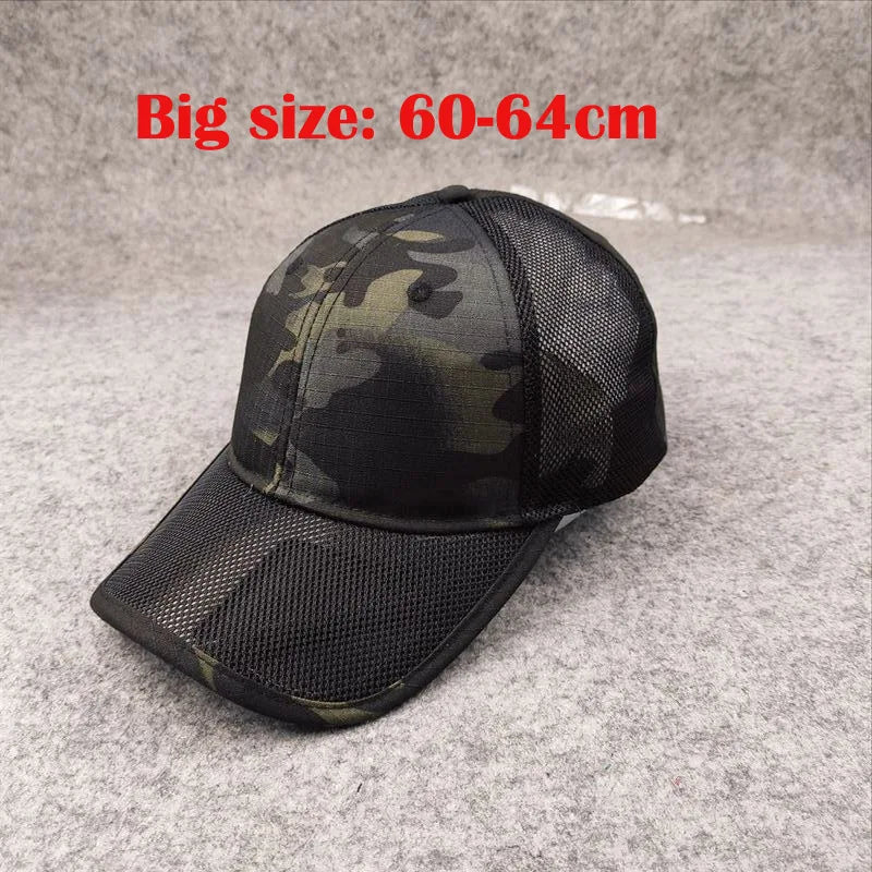 Nyári, lélegző hálós baseball sapka férfiaknak, nagy fejméretre állítható, férfi sapka, alkalmi, terepszínű, szabadtéri dzsungel sapka, férfi, 62 cm