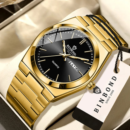 Montre-bracelet à quartz de luxe BINBOND, lumineuse, étanche, jour de la semaine, date automatique, bracelet en acier, style business, sport, mode et décontracté.