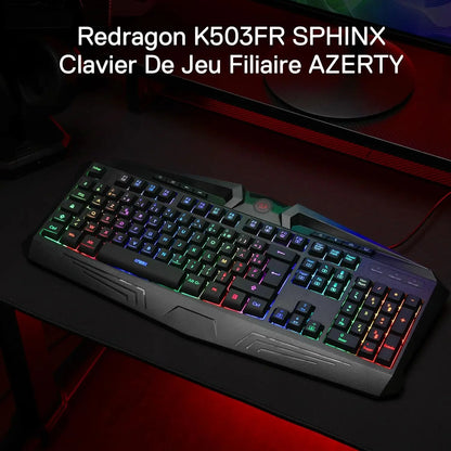 Redragon K503 AZERTY Wired Gaming Keyboard, RGB LED Backlight, Multimedia Keys, Silent Membrane Keyboard with Wrist Rest