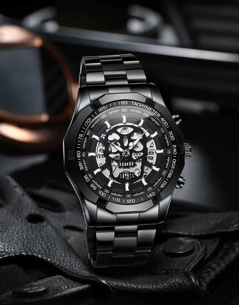 Montre-bracelet BINBOND pour homme, motif crâne squelette, à quartz précis, luxueuse, lumineuse, étanche, avec date automatique, robuste.