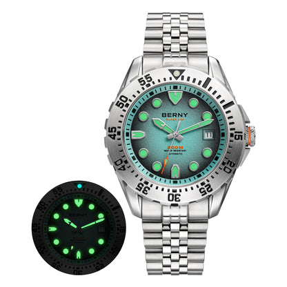 BERNY Men's Automatic Diver Watch Supper Luminous Sapphire AR Coated MIYOTA 8215 316LStainless Steel Single Crown Diving Watches