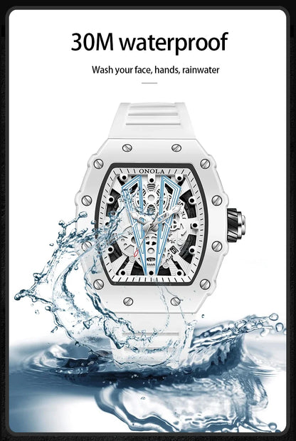 Gift Box Watches for Man ONOLA 3826W Trend White Men Watch Tonneau Calendar Waterproof Silicone Strap Relogios Masculino