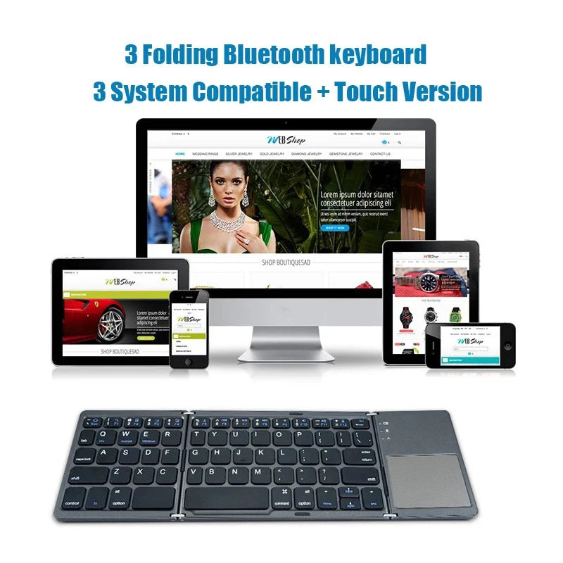 Teclado Bluetooth triplo com touchpad, teclado mini portátil recarregável sem fios para Windows Android iOS