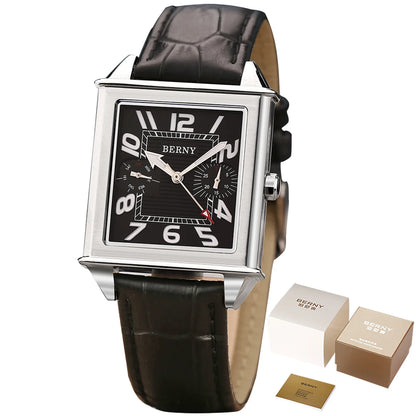 BERNY 6P25 Quartz Watch for Men Golden New Square Wristwatch Vintage Day Top Leather 3ATM Waterproof Luxury Watch Male