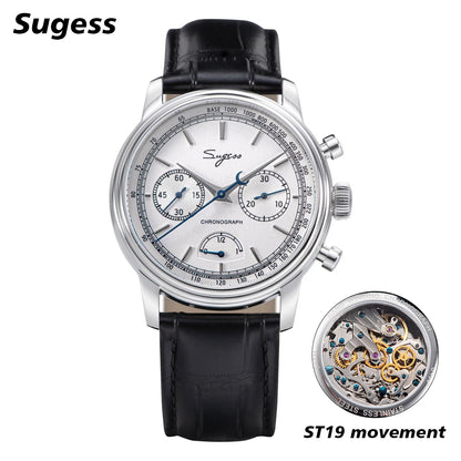 Sugess Watch of Men Pilot 1963 Wristwatches ST1906 Chronograph Handwind Movement Domed Sapphire Waterproof PowerReserve Lume V2