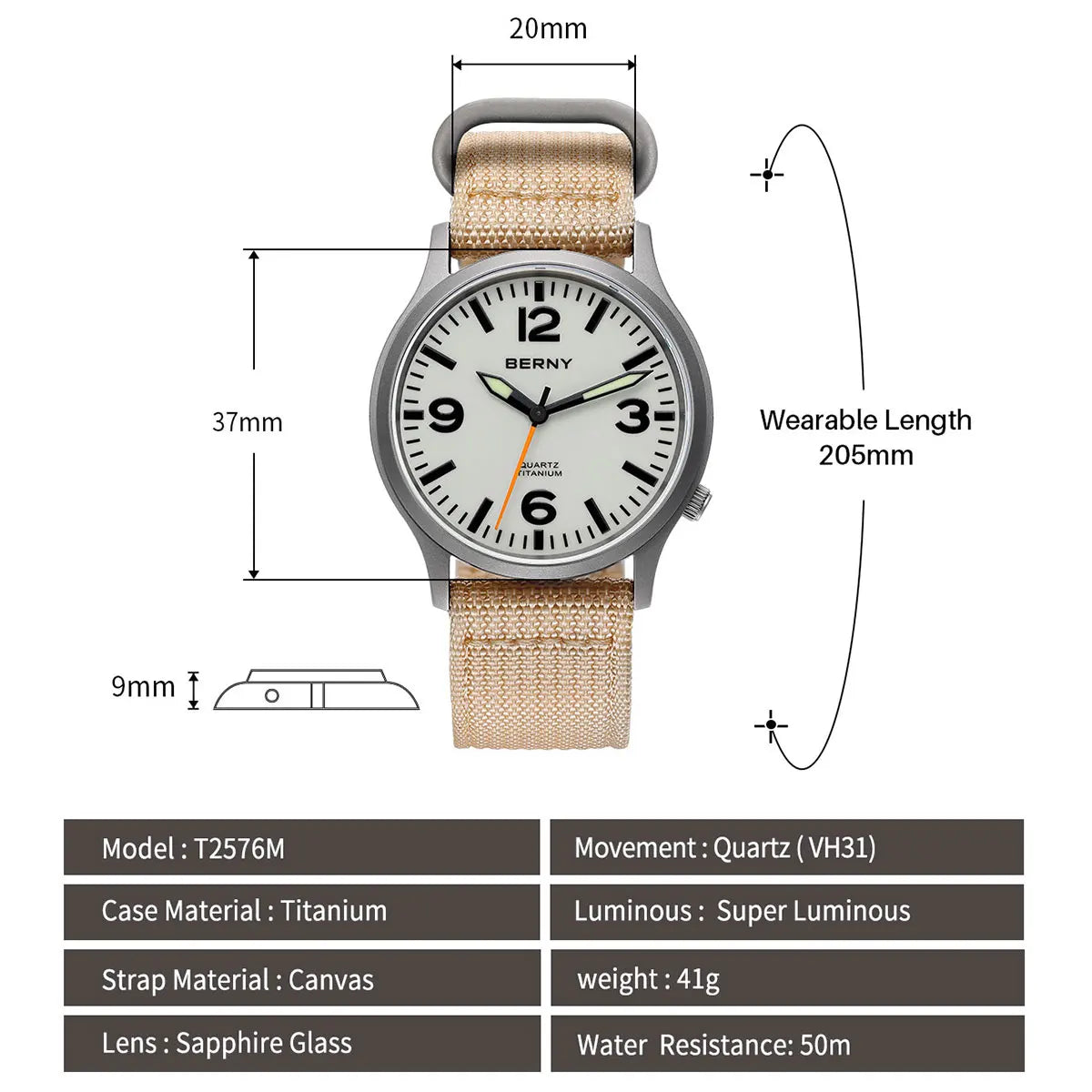 BERNY Full Titanium Men Watch Super Luminous Sports Quartz Watches Lightweight and Comfortable 5ATM Easy Read Wristwatch