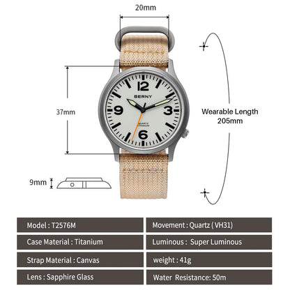 BERNY Full Titanium Men Watch Super Luminous Sports Quartz Watches Lightweight and Comfortable 5ATM Easy Read Wristwatch