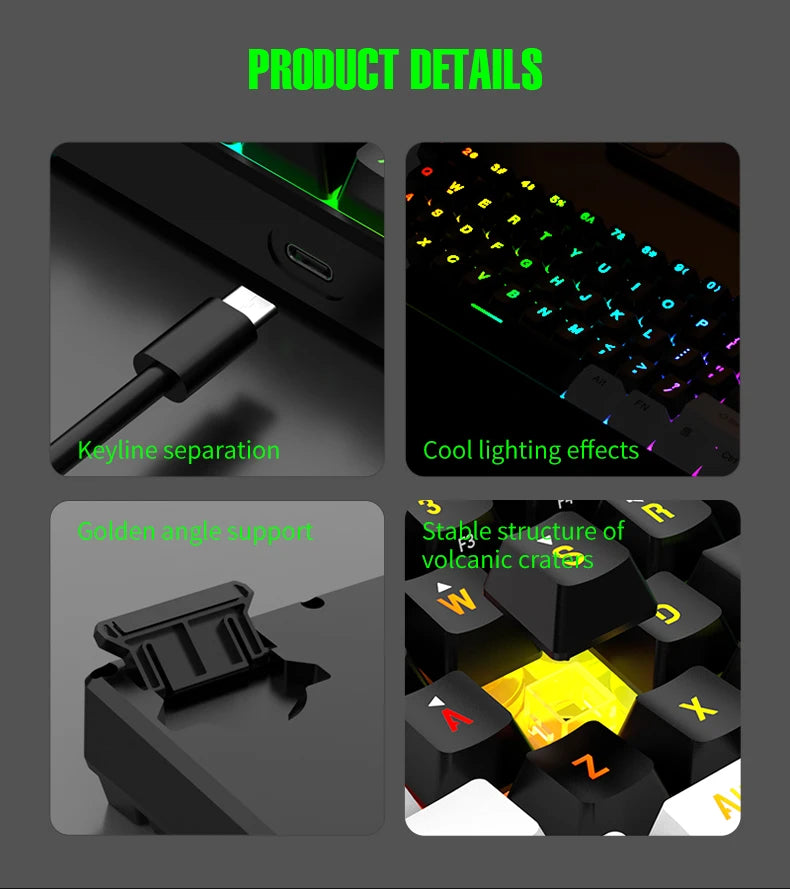 Teclado mecânico com fios de 61 teclas, branco, com switch preto e azul, à prova de água, iluminação RGB, kit para gaming e escritório, PUBG, retroiluminado