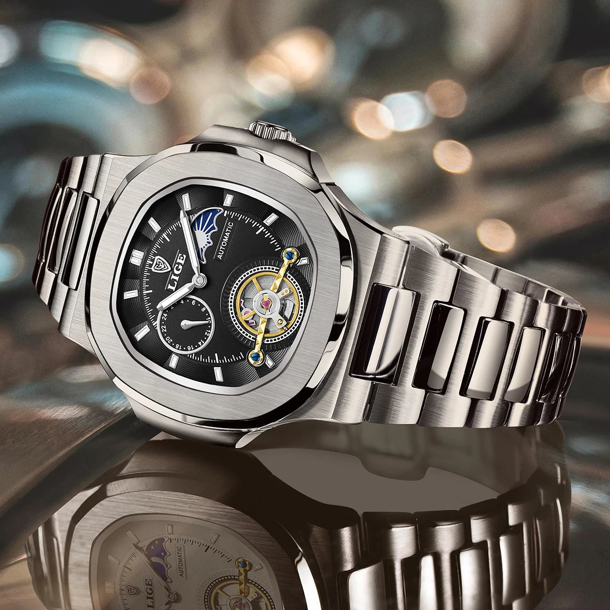 LIGE Watch For Man Luxury Business Waterproof Luminous Mechanical Watches Fashion Moon Phase Automatic Movement Men's Watches
