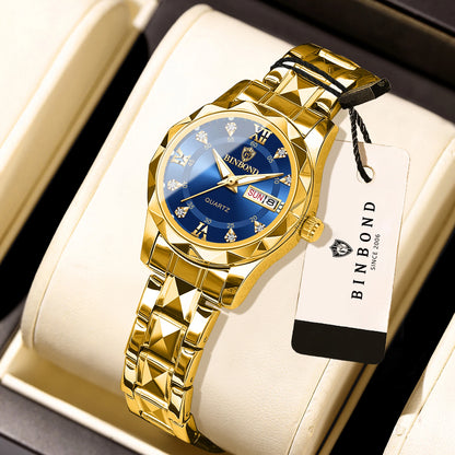 Montre pour femme BINBOND : montre à quartz robuste, luxueuse, luminescente et étanche, dotée d'un affichage précis de la date et du jour de la semaine.