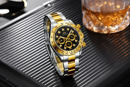 Automatic Mens Watch Mechanical Self Wind Movement Gold Black Stainless Steel Diamonds Stone Sports Luxury Fashion Watches