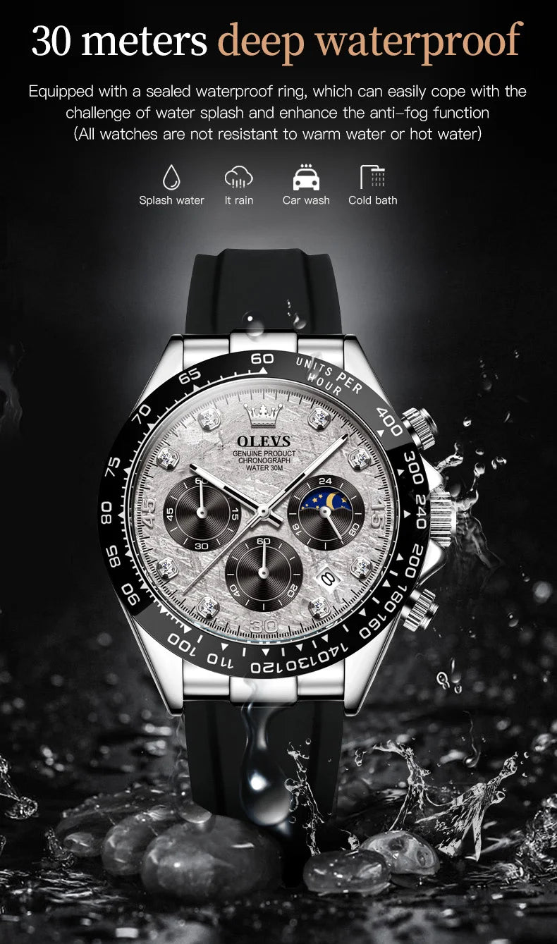 OLEVS 2875 Quartz Watch for Men Original Luxury Brand Silicone Strap Chronograph Auto Date Waterproof Moon Phase Sport Man Watch